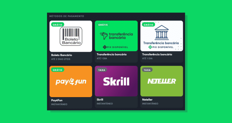 opções disponibilizadas pela plataforma