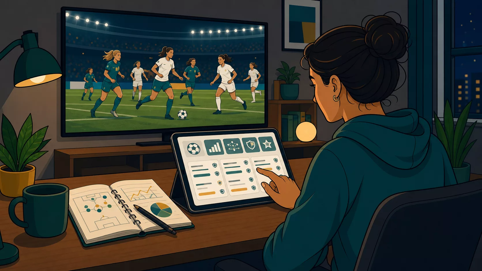 Pessoa analisando odds em tablet enquanto acompanha uma partida de futebol feminino.
